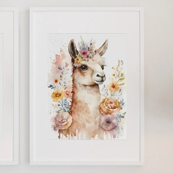 Watercolor Cute Floral Llama Wall Art Illustration Print Poster Card Unframed - Picture 3 of 6